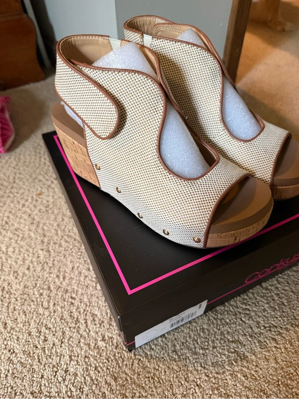 Cream Woven Cork Wedge Sandals with Stud Accents
